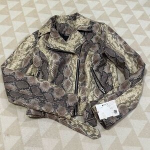 Bar iii animal print moto jacket faux leather snake print brown